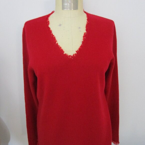 Fringe CASHMERE Pullover Sweater V Neck Red Peck Cuddly Knit Luxury - Picture 4 of 12
